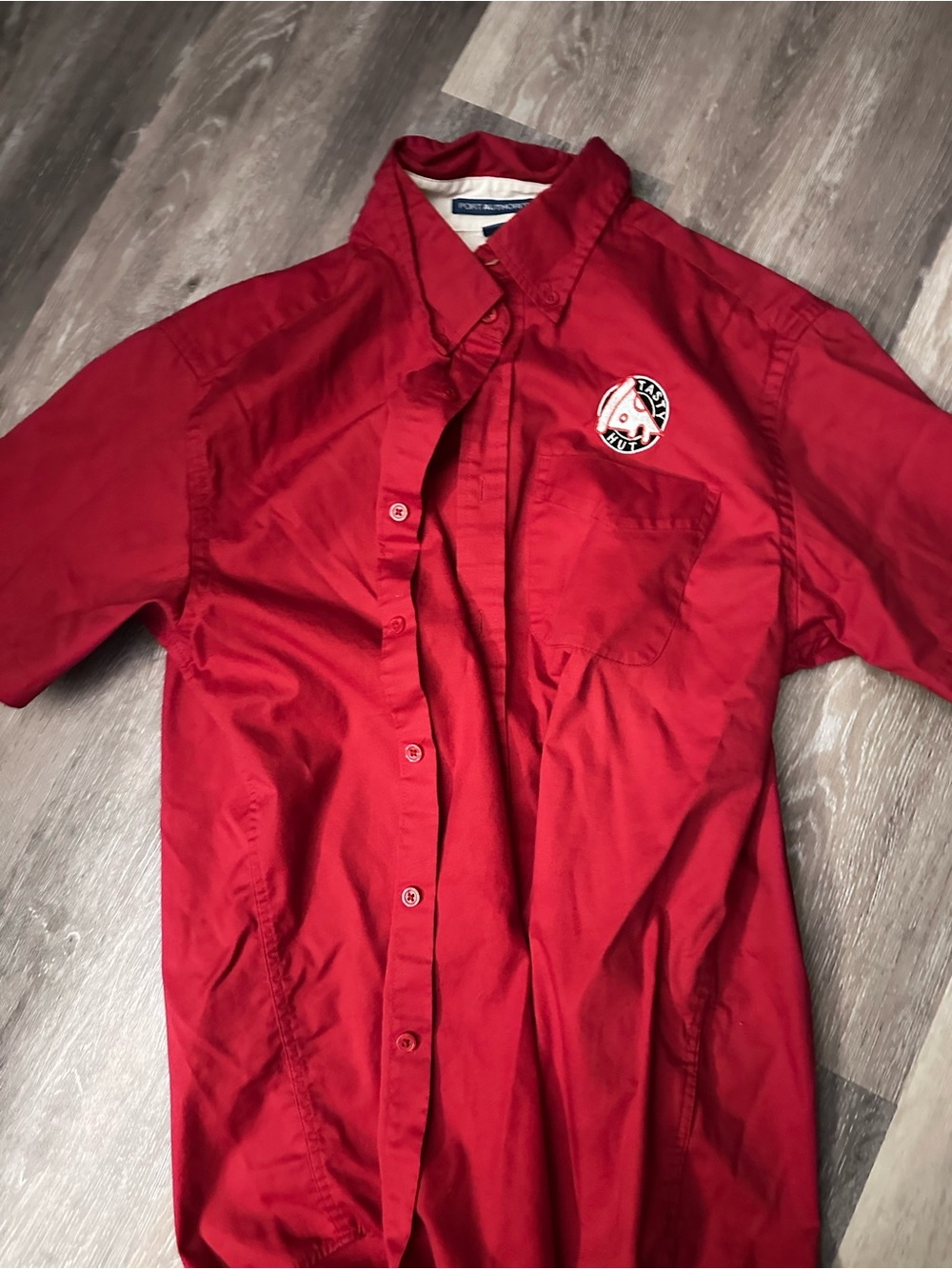 Red Short-Sleeve Button-Down Shirt with Chest Pocket
